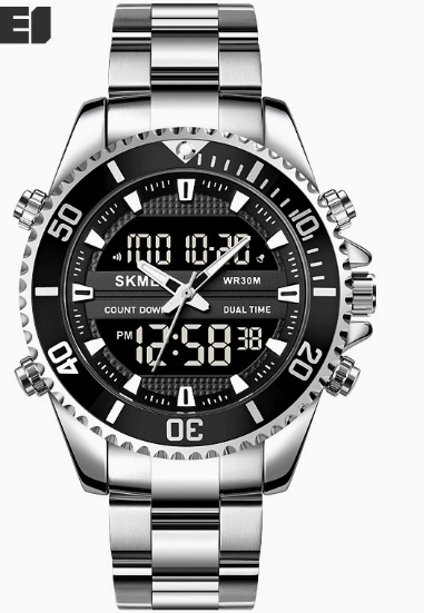 Dual display men's steel strap watch