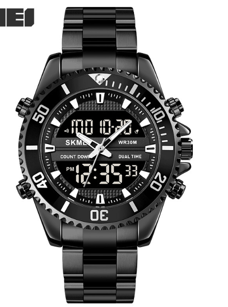 Dual display men's steel strap watch