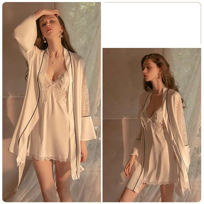 Deep V Lace Satin Nightdress Loungewear Set