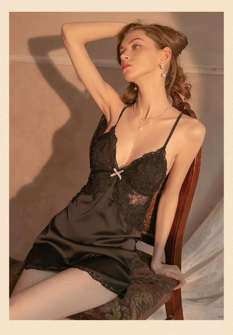 Deep V Lace Satin Nightdress Loungewear Set