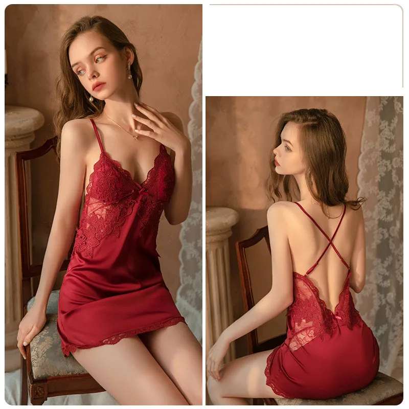 Deep V Lace Satin Nightdress Loungewear Set