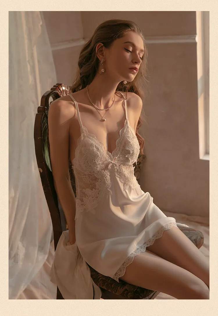 Deep V Lace Satin Nightdress Loungewear Set