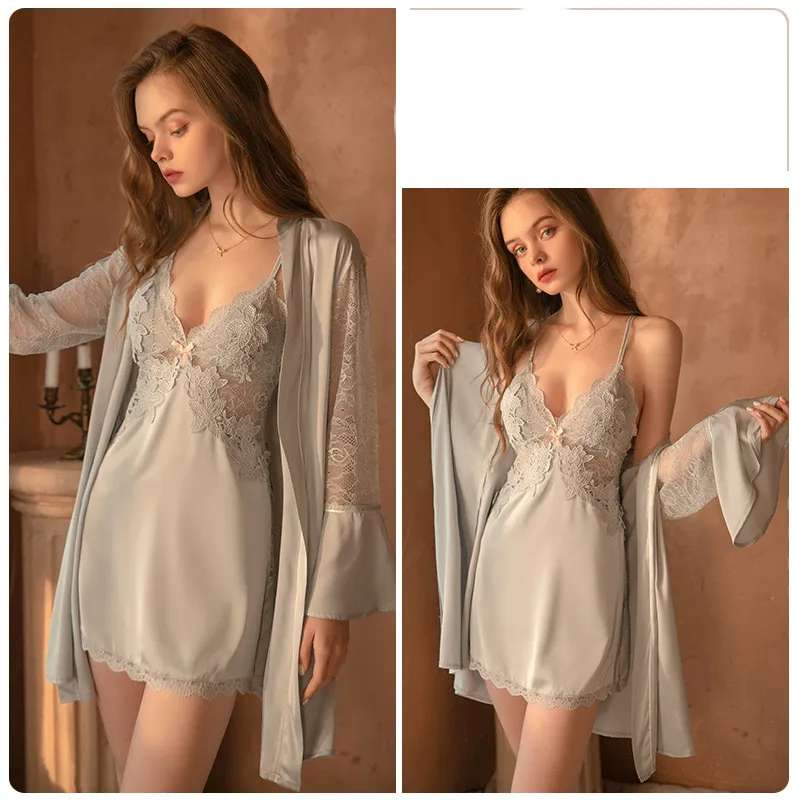 Deep V Lace Satin Nightdress Loungewear Set