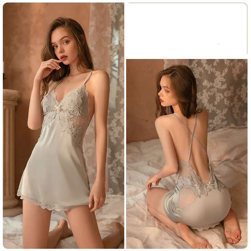 Deep V Lace Satin Nightdress Loungewear Set