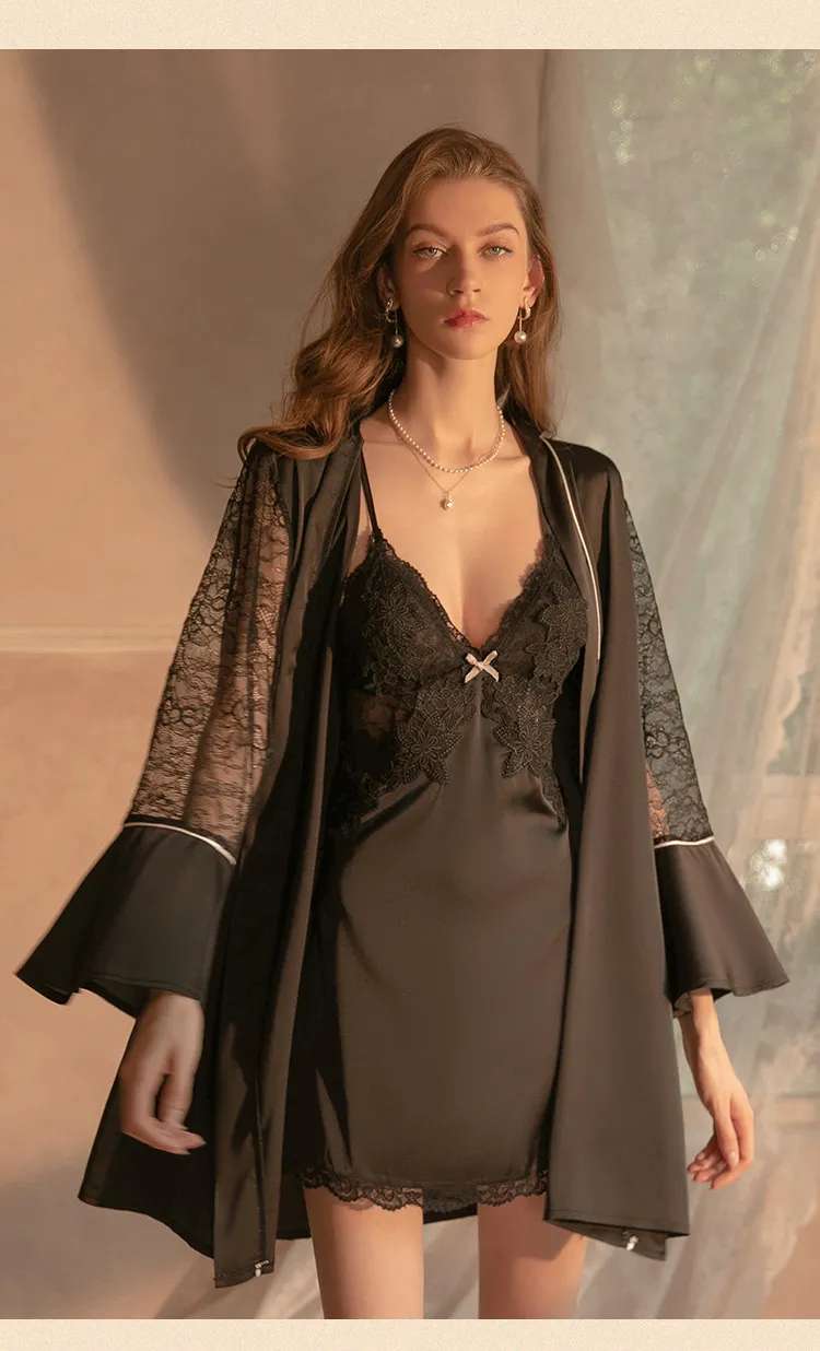 Deep V Lace Satin Nightdress Loungewear Set