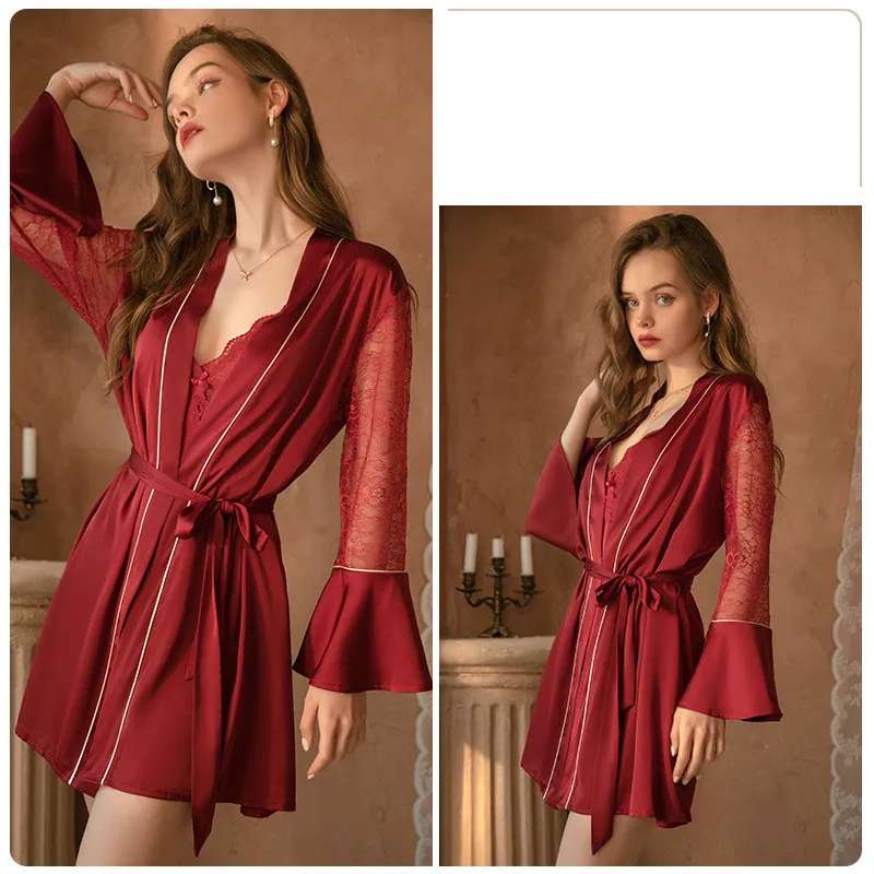 Deep V Lace Satin Nightdress Loungewear Set