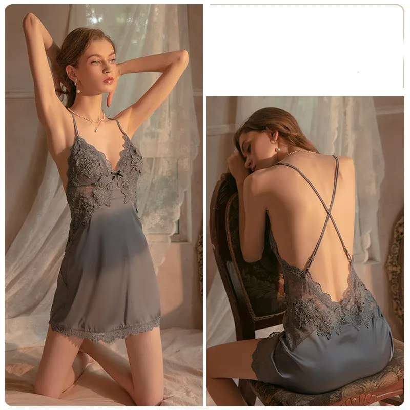 Deep V Lace Satin Nightdress Loungewear Set