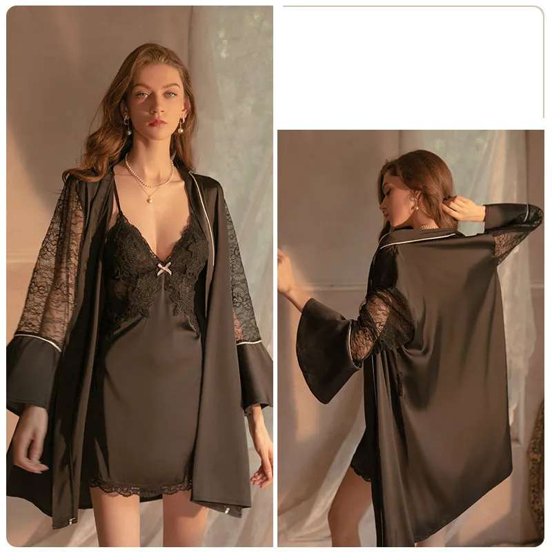 Deep V Lace Satin Nightdress Loungewear Set