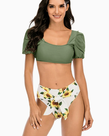 Women's Puffed-Sleeve Two-Piece Tie-Front Swimsuit