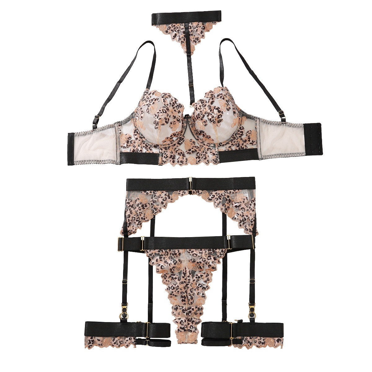 Sexy neck-beaded leopard print underwear, panties and garter belt set