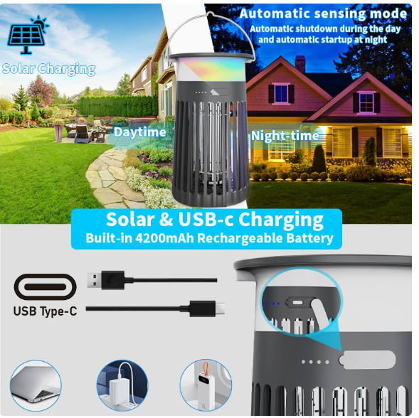 Outdoor 4-in-1 sensor adjustable electric mosquito repellent lamp that can be hung