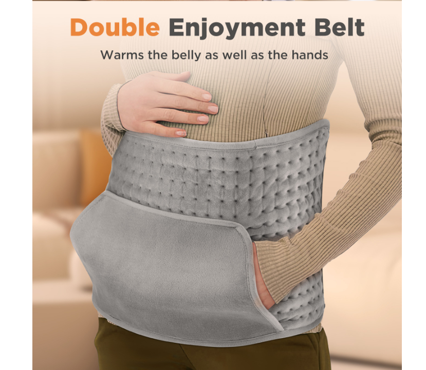 Straight-insert heated lumbar support belt with pockets