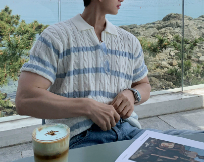 Old Money Style Cable Knit Striped Short-Sleeve Men's Summer image