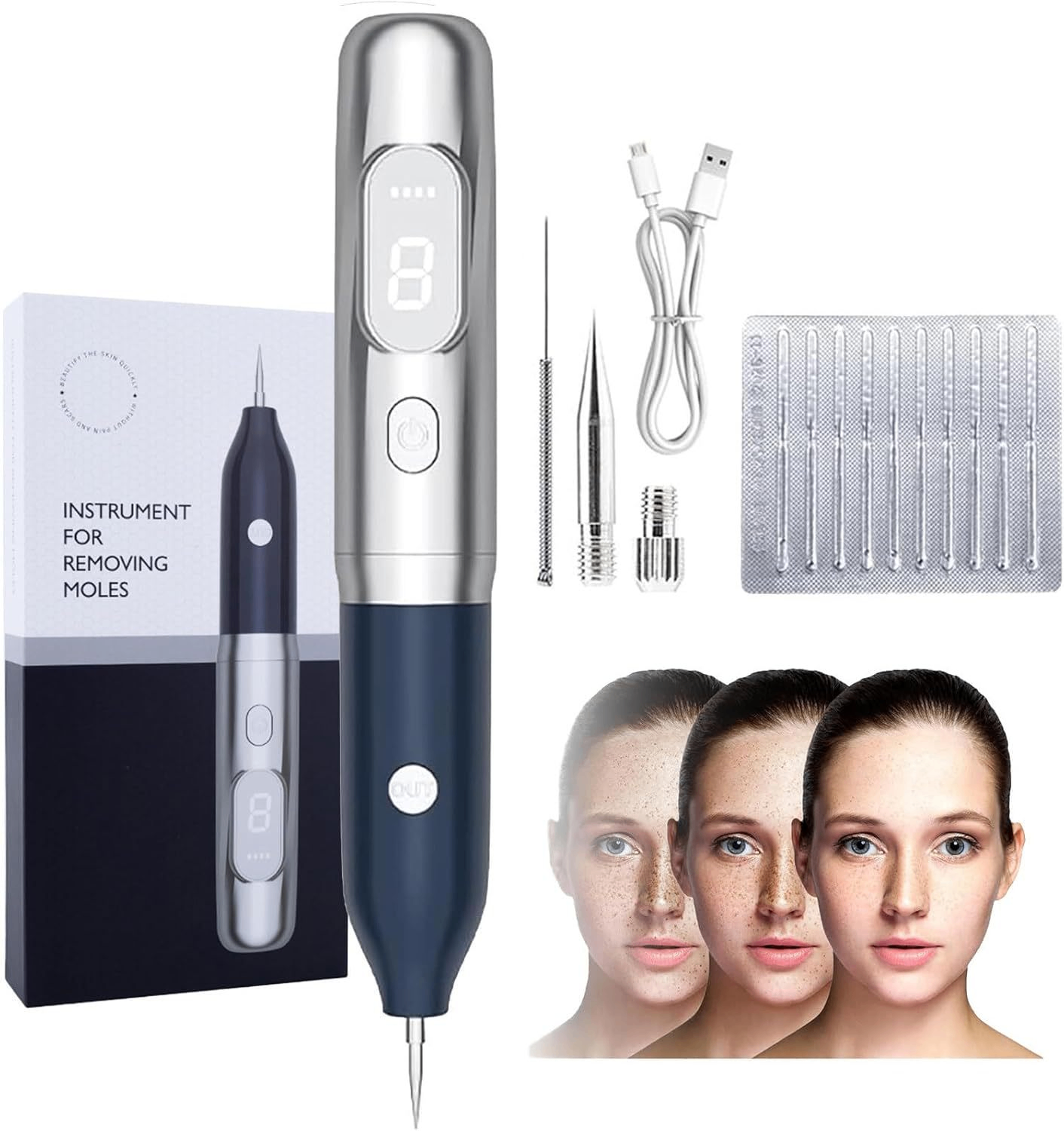 Painless mole removal pen with 9 levels of red and blue light picosecond laser treatment for moles and freckles. image