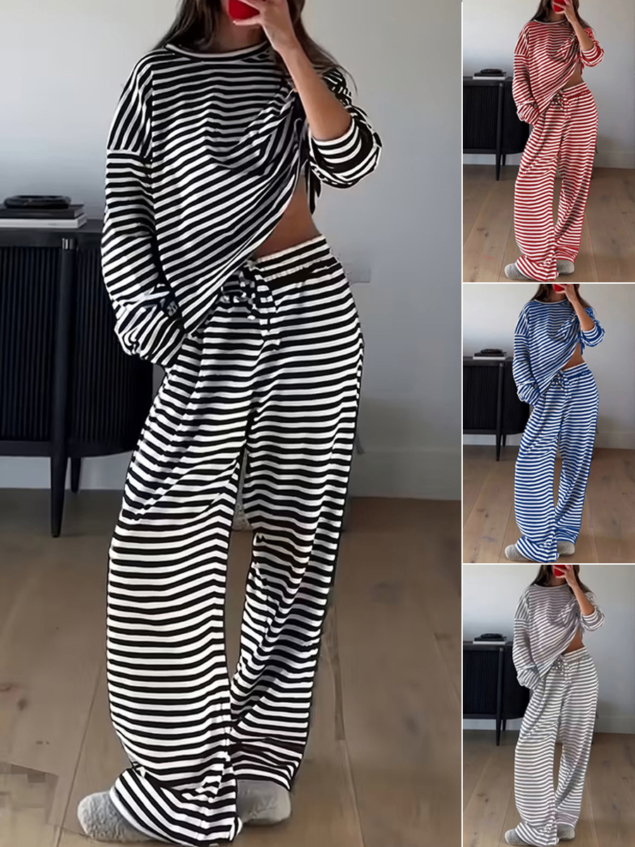 Spring Striped Casual Two-Piece Set: Long-Sleeved Top and High-Waisted Pants image