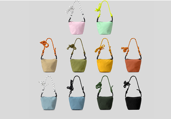 Mini bucket bag with climbing rope shoulder strap, lightweight nylon shoulder/crossbody bag for women.