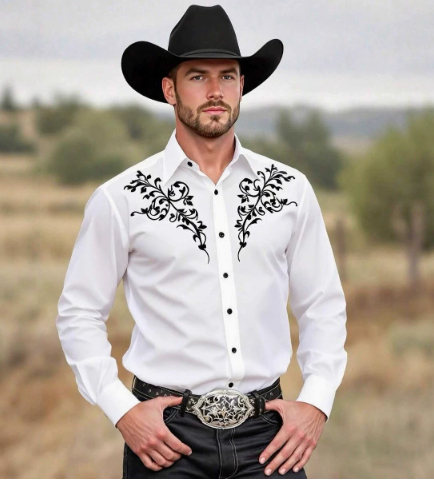 Four sided stretch printed wrinkle resistant long sleeved shirt