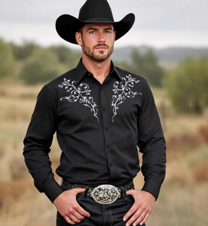 Four sided stretch printed wrinkle resistant long sleeved shirt image
