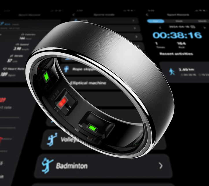 R10 Smart Ring: Bluetooth-enabled device for body temperature, heart rate, blood oxygen, and sleep monitoring, plus step counting and activity tracking.